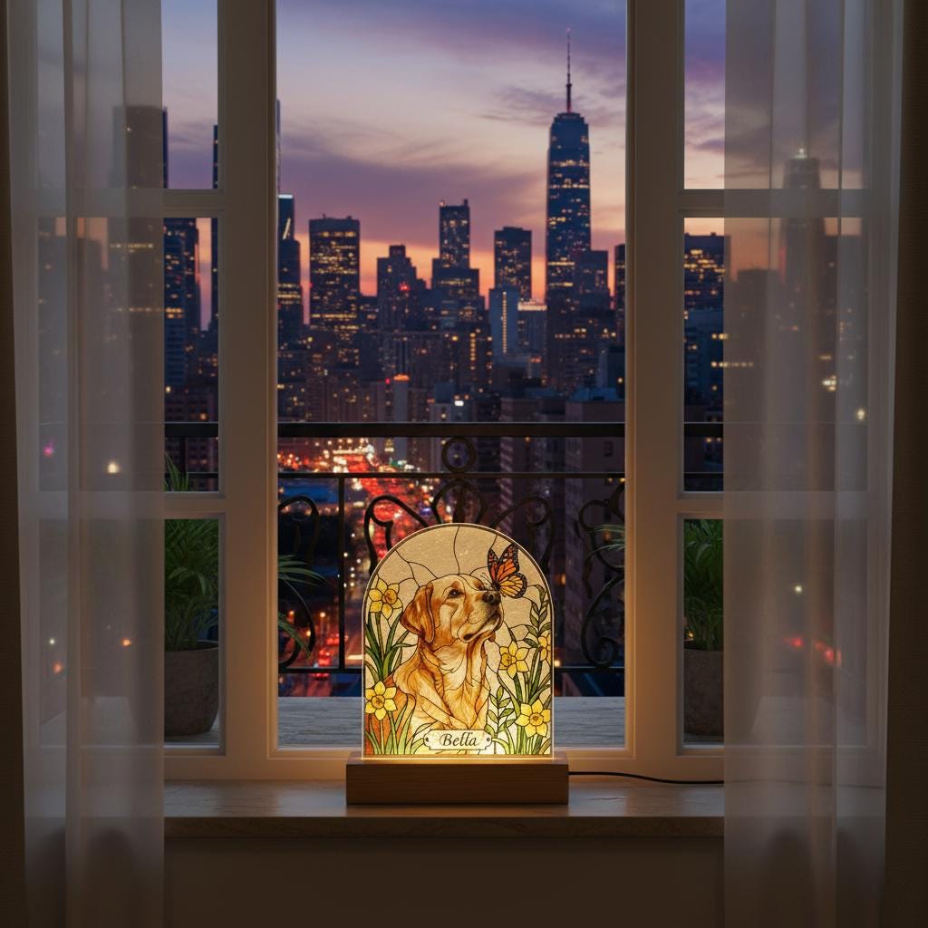 Custom Dog Memorial Acrylic Stained Glass Night Light, Personalized Bedroom LED Decor Sign,  Floral Pet Memorial Gift, Spring Home Decor - image 5
