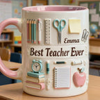 Custom Name Teacher Faux 3D Effect Mug, 2D Flat Teacher Gift