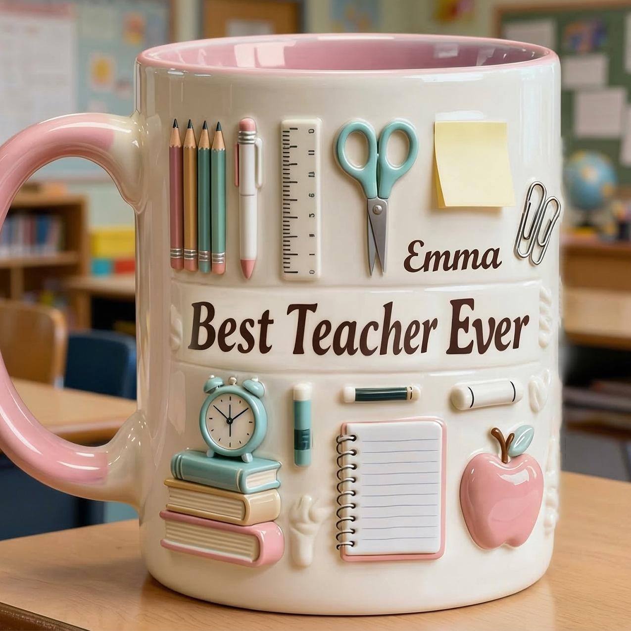 Custom Name Teacher Faux 3D Effect Mug, 2D Flat Teacher Gift