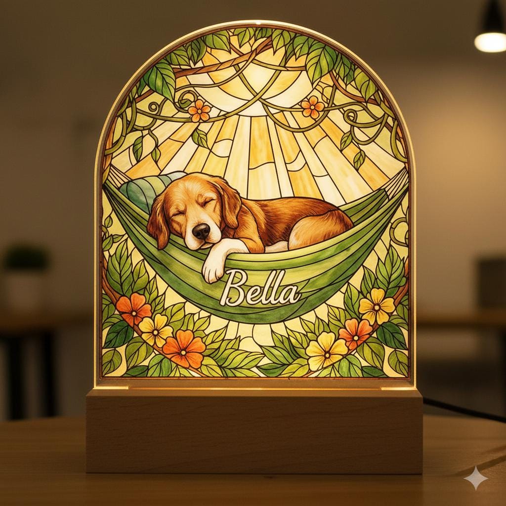 Custom Dog Memorial Acrylic Stained Glass Night Light, Personalized Bedroom LED Decor Sign,  Wiener Dog Hammock Art ,Cute Pet Lover Gift