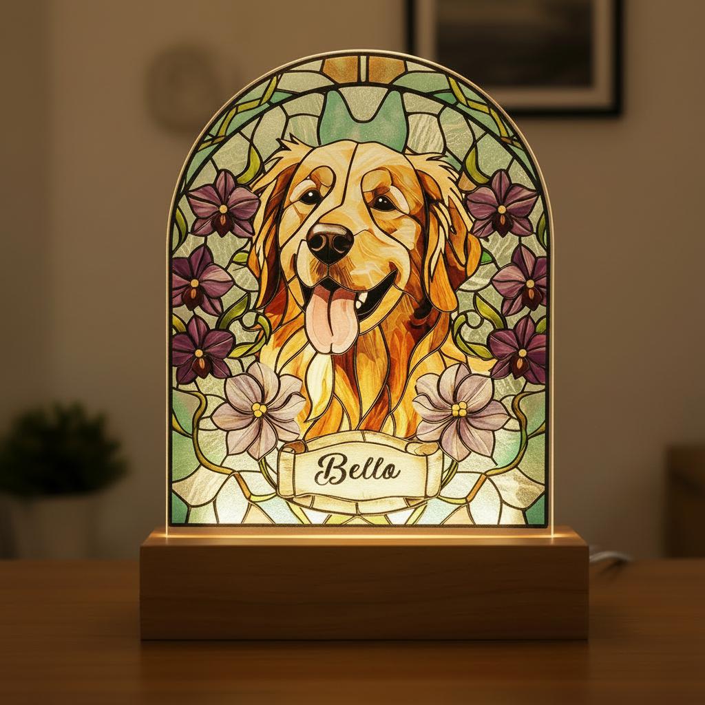 Personalized Dog Memorial Acrylic Stained Glass Night Light, Custom Pet Photo Gift, Custom Bedroom LED Decor Sign, Dog Remembrance Gift
