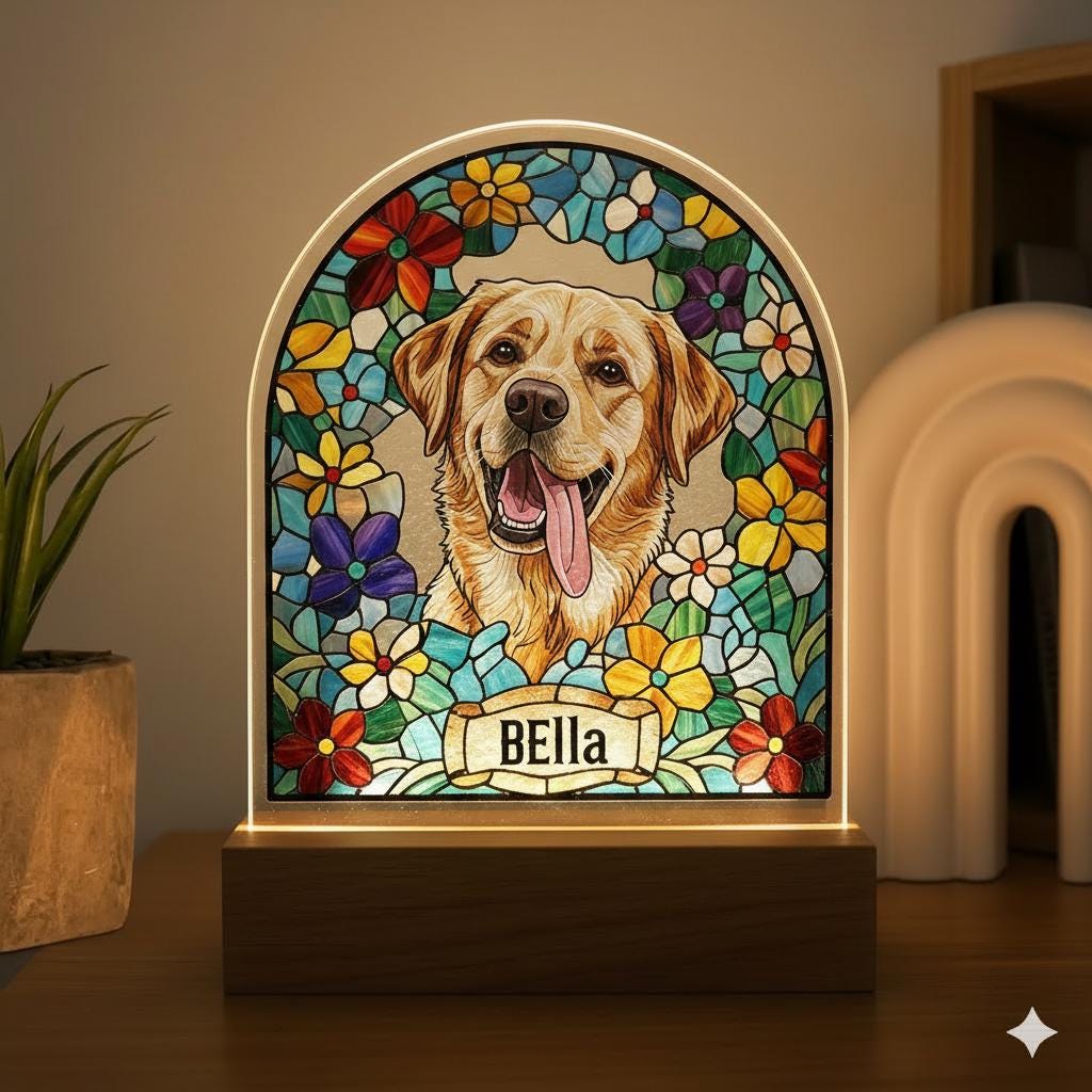 Custom Dog Memorial Acrylic Stained Glass Night Light, Custom Pet Photo Gift, Personalized Bedroom LED Decor Sign, Dog Remembrance Gift