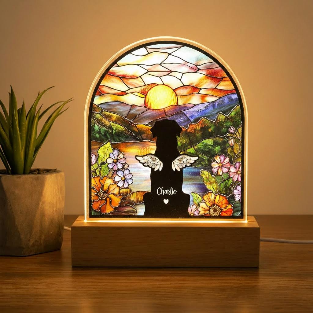 Custom Dog Memorial Acrylic Stained Glass Night Light, Custom Pet Photo Gift, Bedroom LED Decor Sign, Pet Memorial Gift, Loss of Dog Gift
