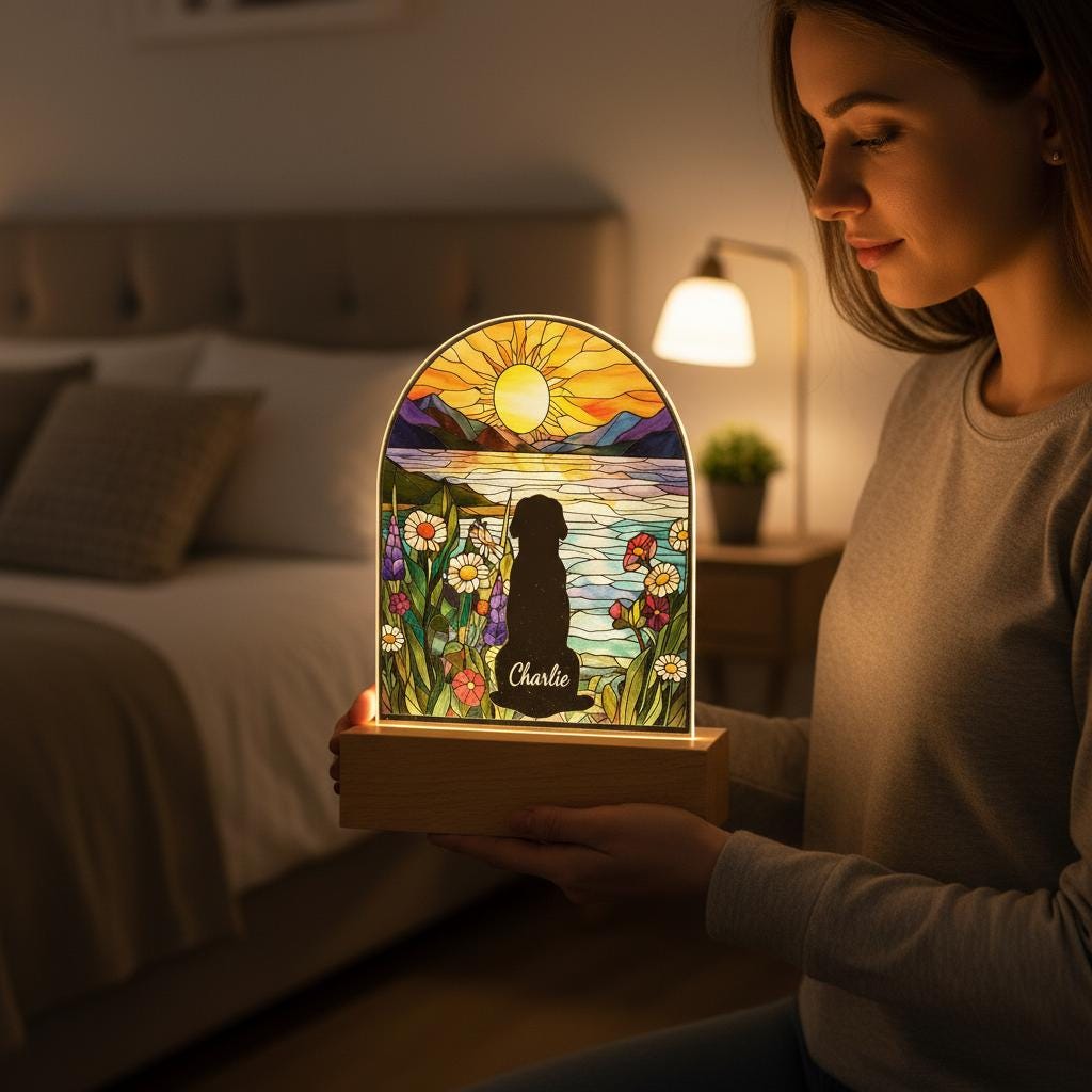 Custom Dog Memorial Acrylic Stained Glass Night Light With Name , Custom Pet Photo Gift, Bedroom LED Decor Sign, Puppy Loss Gift - image 2