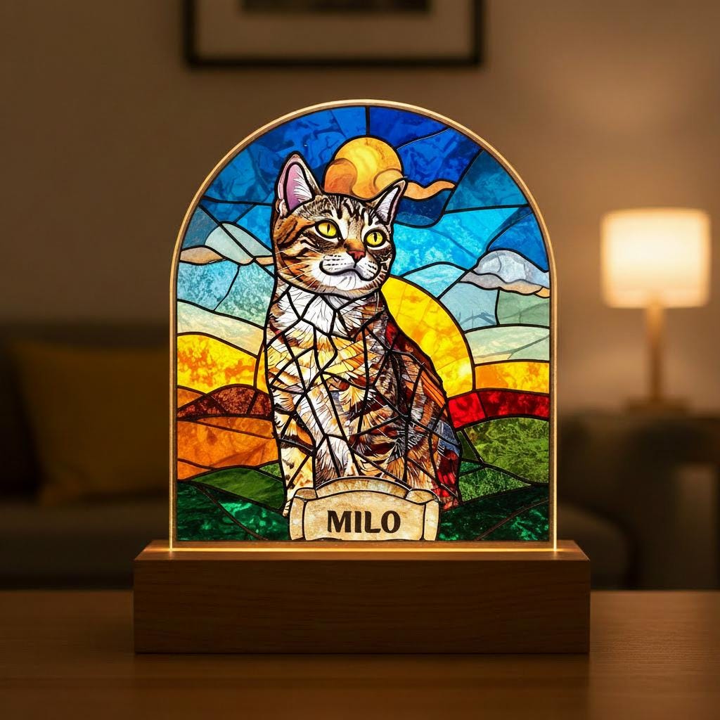 Personalized Cat Memorial  Acrylic Stained Glass Night Light, Cat With Name, Custom Pet Image Gift, Loss of Pet Sympathy Gift