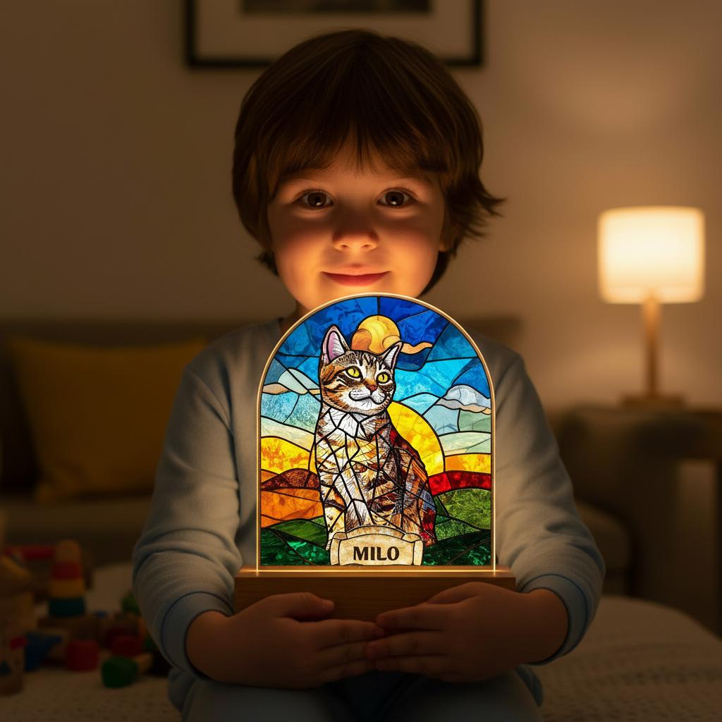 Personalized Cat Memorial  Acrylic Stained Glass Night Light, Cat With Name, Custom Pet Image Gift, Loss of Pet Sympathy Gift - image 3