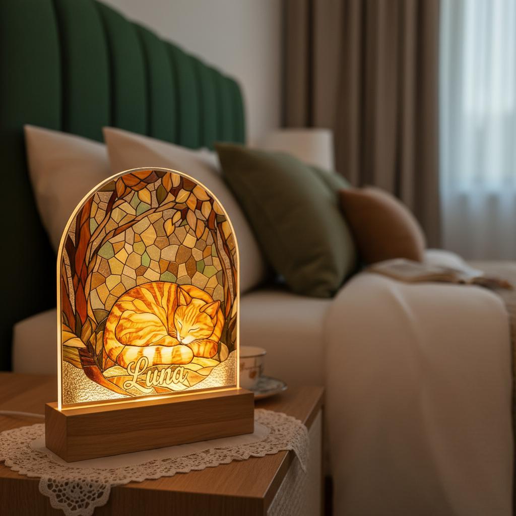 Personalized Orange Cat Sleeping  Acrylic Stained Glass Night Light, Custom  Cat With Name and Image Gift, Cat Lover Gift - image 3