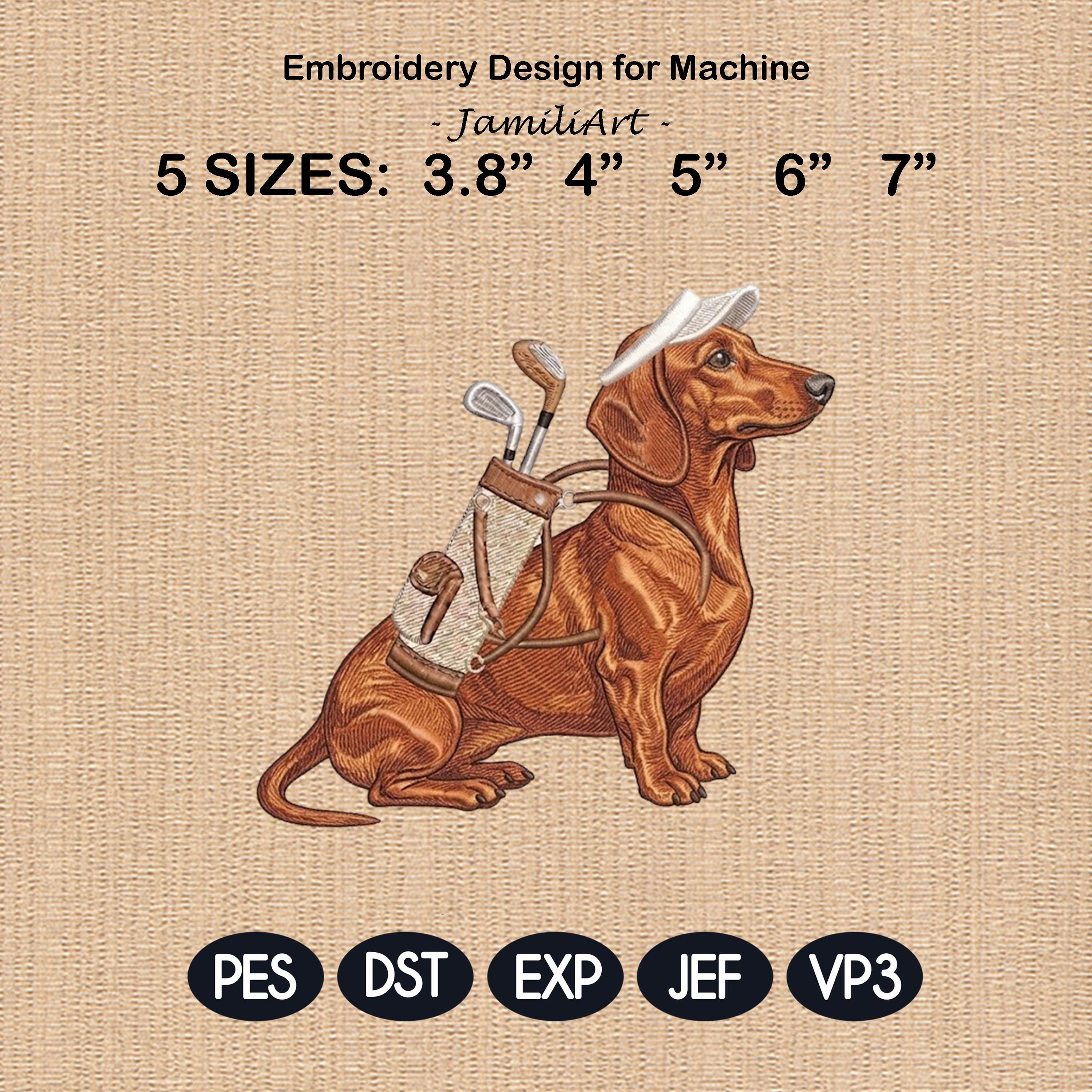 Funny Golf Dachshund Embroidery Design, Wiener Dog With Golf Clubs, Cute Pet Machine Embroidery File, Golfer Gift, 5 sizes, Digital Download