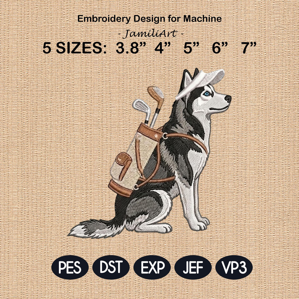 Husky Dog Golf Embroidery Design, Cute Siberian Husky Golfer Embroidery File, Pet Lover Gift, Machine Embroidery, 5 sizes, Digital Download
