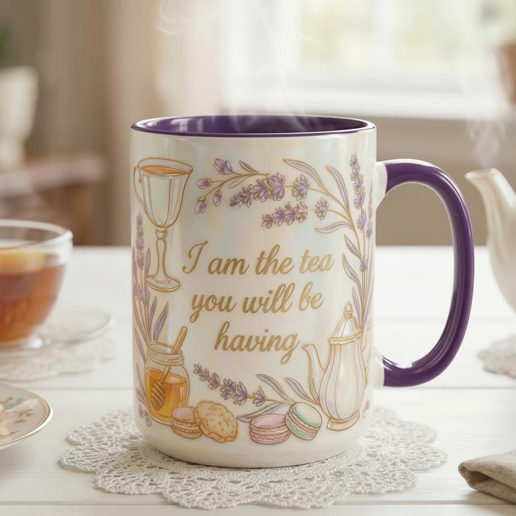 I Am The Tea You Will Be Having Mug, Faux 3D Lavender Design, 2D Flat Bookish Tea Romance Reader Gift - image 2