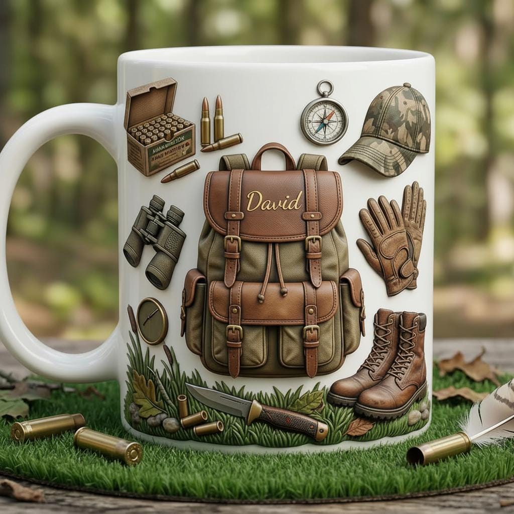 Personalized Hunting Faux 3D Effect Accent Mug, Nature Lover Hunter Coffee Mug, Gift For Him, Father's Day Gift For Dad Grandpa, 2D Flat Mug - image 2