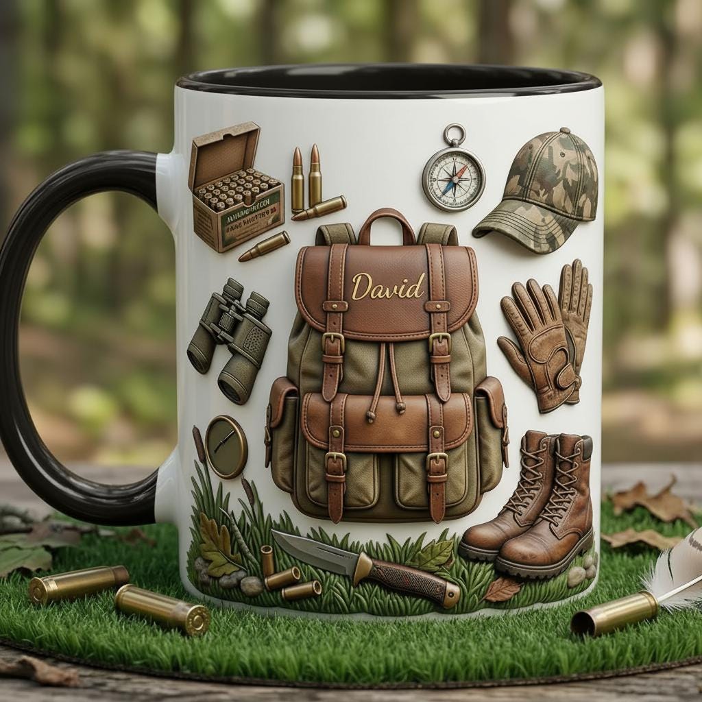 Personalized Hunting Faux 3D Effect Accent Mug, Nature Lover Hunter Coffee Mug, Gift For Him, Father's Day Gift For Dad Grandpa, 2D Flat Mug