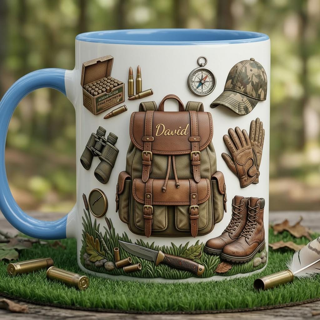 Personalized Hunting Faux 3D Effect Accent Mug, Nature Lover Hunter Coffee Mug, Gift For Him, Father's Day Gift For Dad Grandpa, 2D Flat Mug - image 3