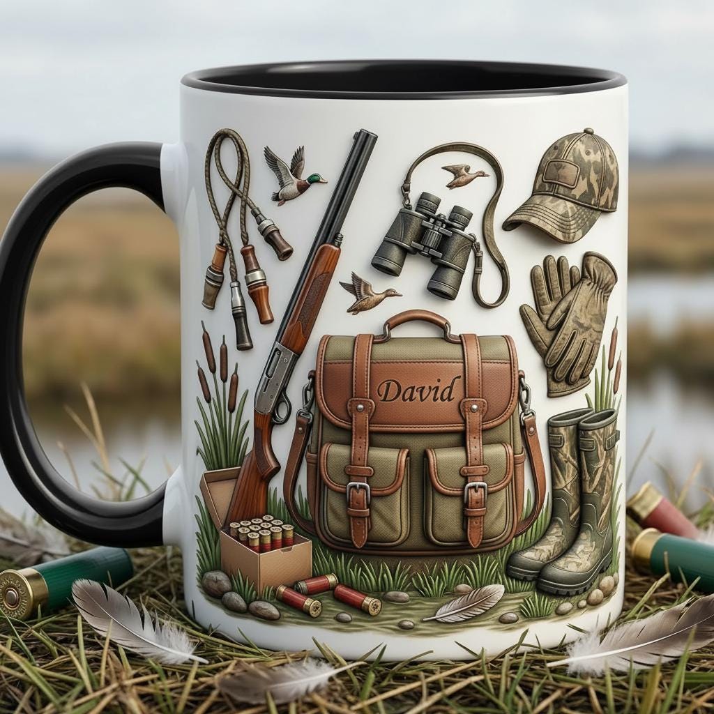 Custom Name Hunting Faux 3D Effect Accent Mug, Nature Lover Hunter Coffee Mug, Gift For Him, Father's Day Gift, Duck Hunting 2D Flat Mug