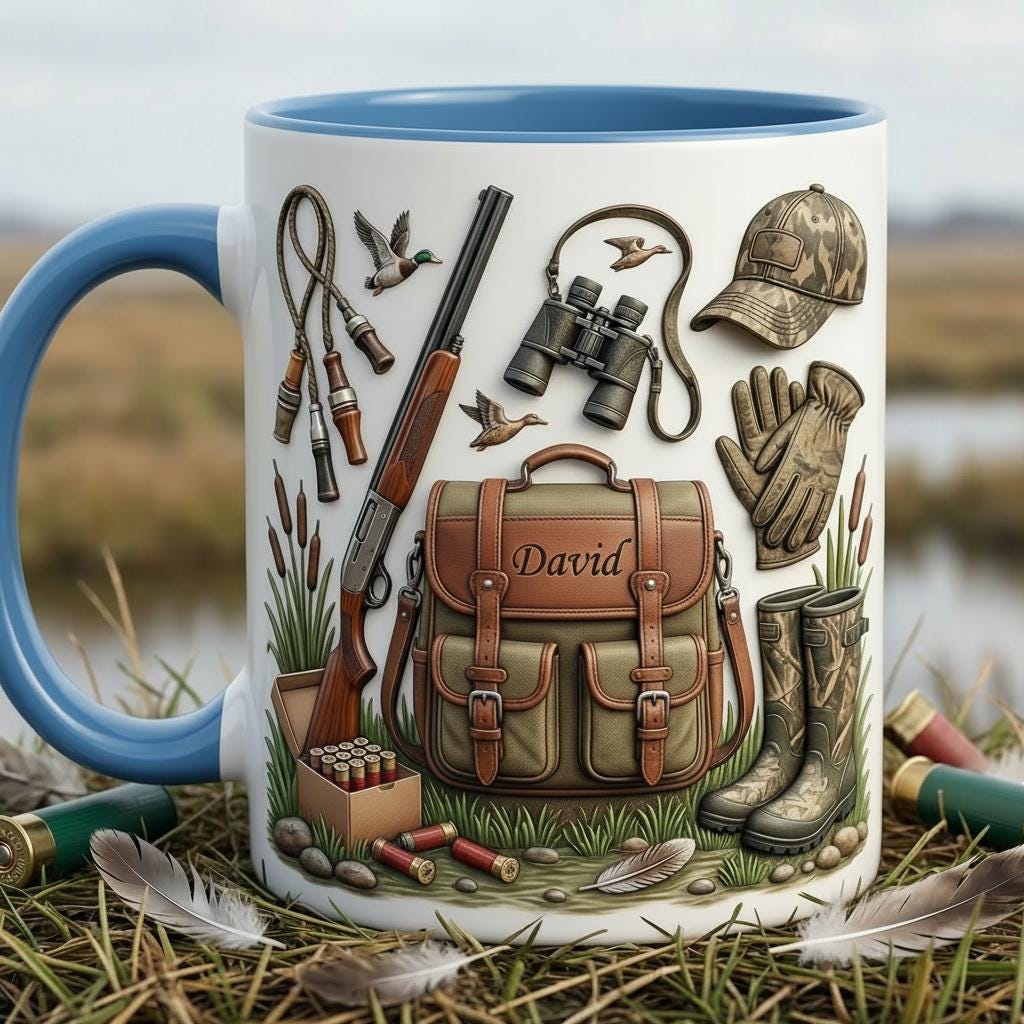 Custom Name Hunting Faux 3D Effect Accent Mug, Nature Lover Hunter Coffee Mug, Gift For Him, Father's Day Gift, Duck Hunting 2D Flat Mug - image 4
