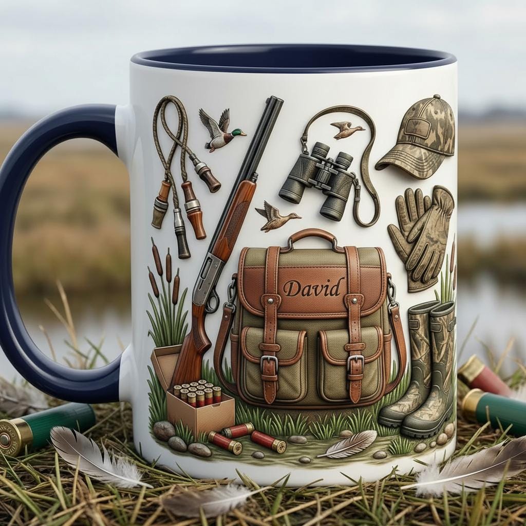 Custom Name Hunting Faux 3D Effect Accent Mug, Nature Lover Hunter Coffee Mug, Gift For Him, Father's Day Gift, Duck Hunting 2D Flat Mug - image 2