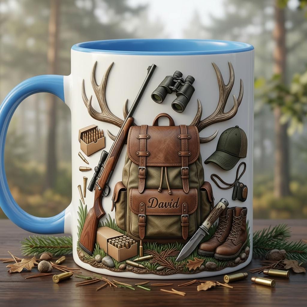 Personalized Hunting Faux 3D Effect Accent Mug, Nature Lover Hunter Coffee Mug, Gift For Him, Father's Day, 2D Flat Mug - image 4