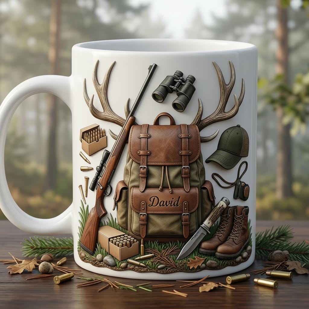 Personalized Hunting Faux 3D Effect Accent Mug, Nature Lover Hunter Coffee Mug, Gift For Him, Father's Day, 2D Flat Mug - image 3