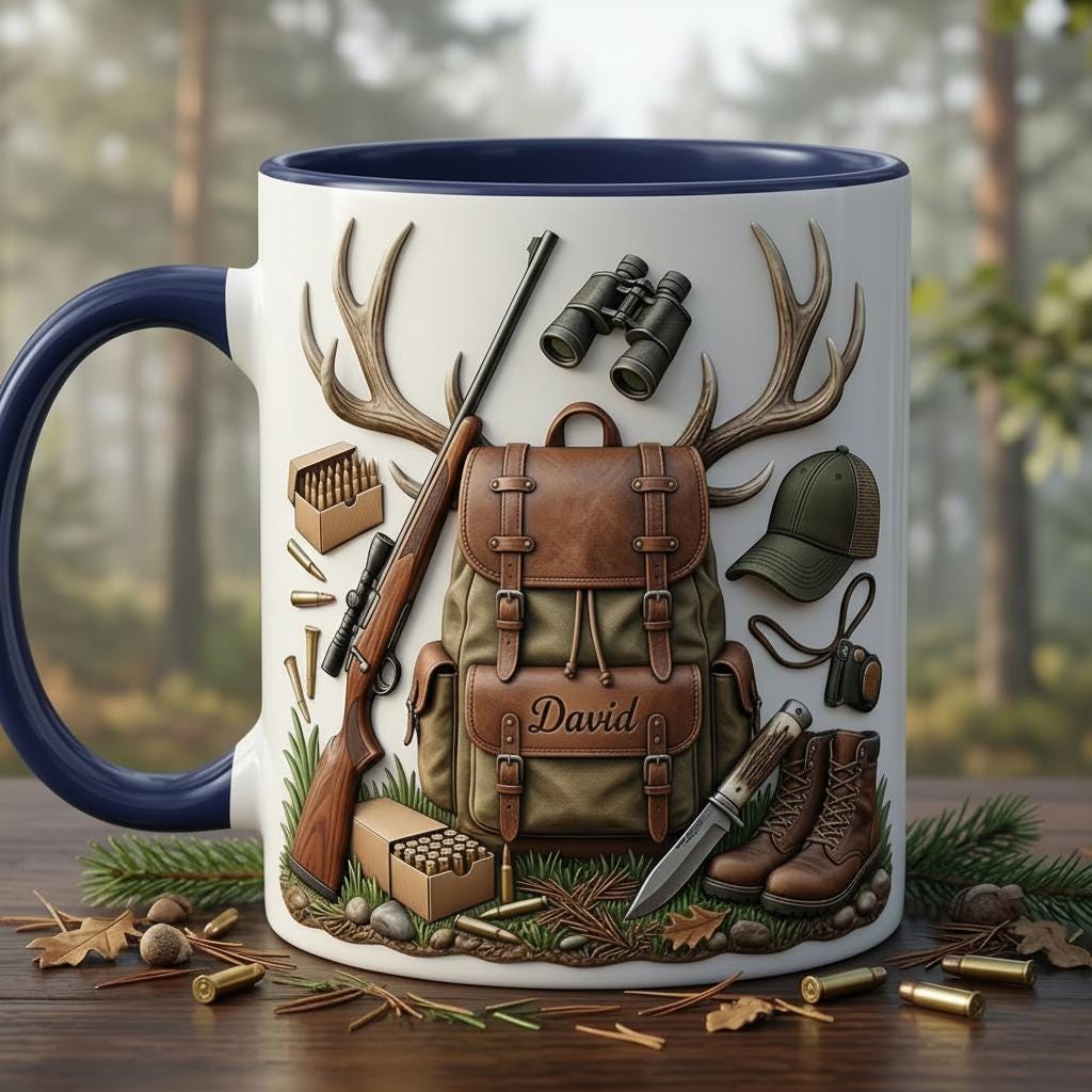 Personalized Hunting Faux 3D Effect Accent Mug, Nature Lover Hunter Coffee Mug, Gift For Him, Father's Day, 2D Flat Mug - image 2
