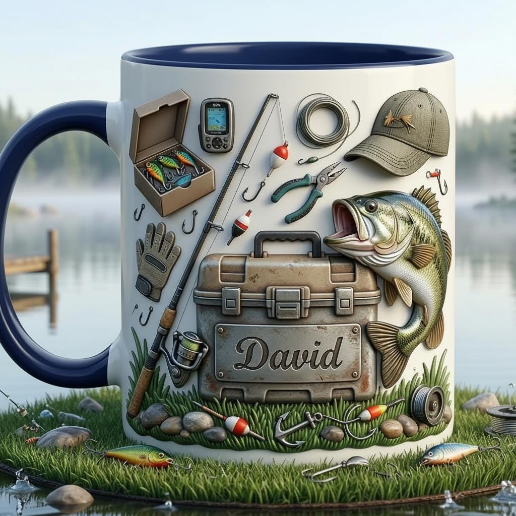 Personalized Fishing Mug, Fishing Lures Coffee Accent Mug, Father's Day Gift, Gift For Fisherman, Fishing Lover Cups 2D Flat Mug