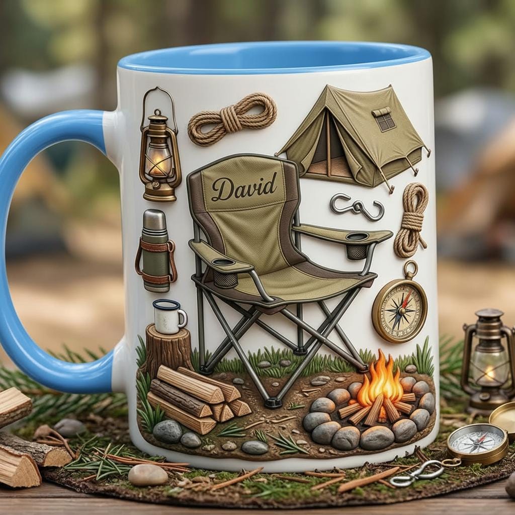 Personalized Camping Faux 3D Effect Accent Mug, Custom Mountain Camping Mug, 2D Flat Mug - image 2