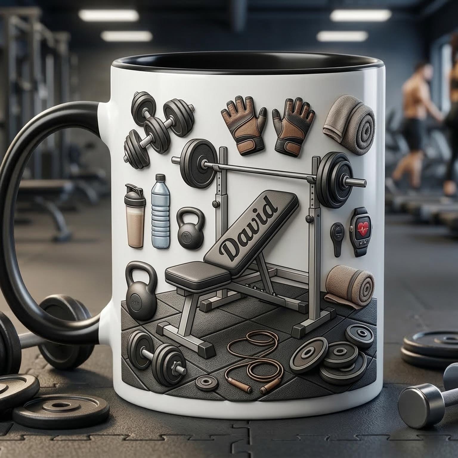 Personalized Fitness Faux 3D Mug, Custom Name Coffee Cup For Gym Enthusiasts 2D Flat Mug