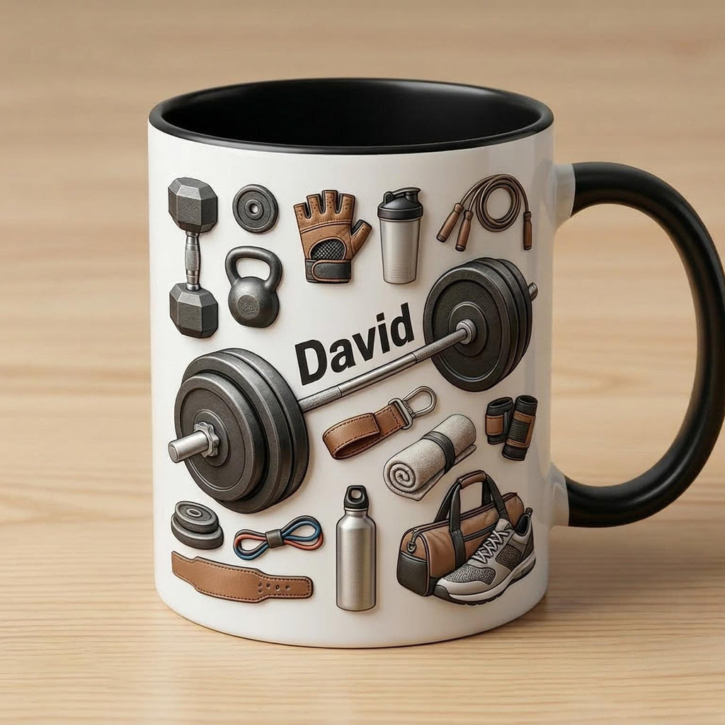 Custom Name Fitness Faux 3D Mug, Custom Name Coffee Cup For Gym Enthusiasts 2D Flat Mug