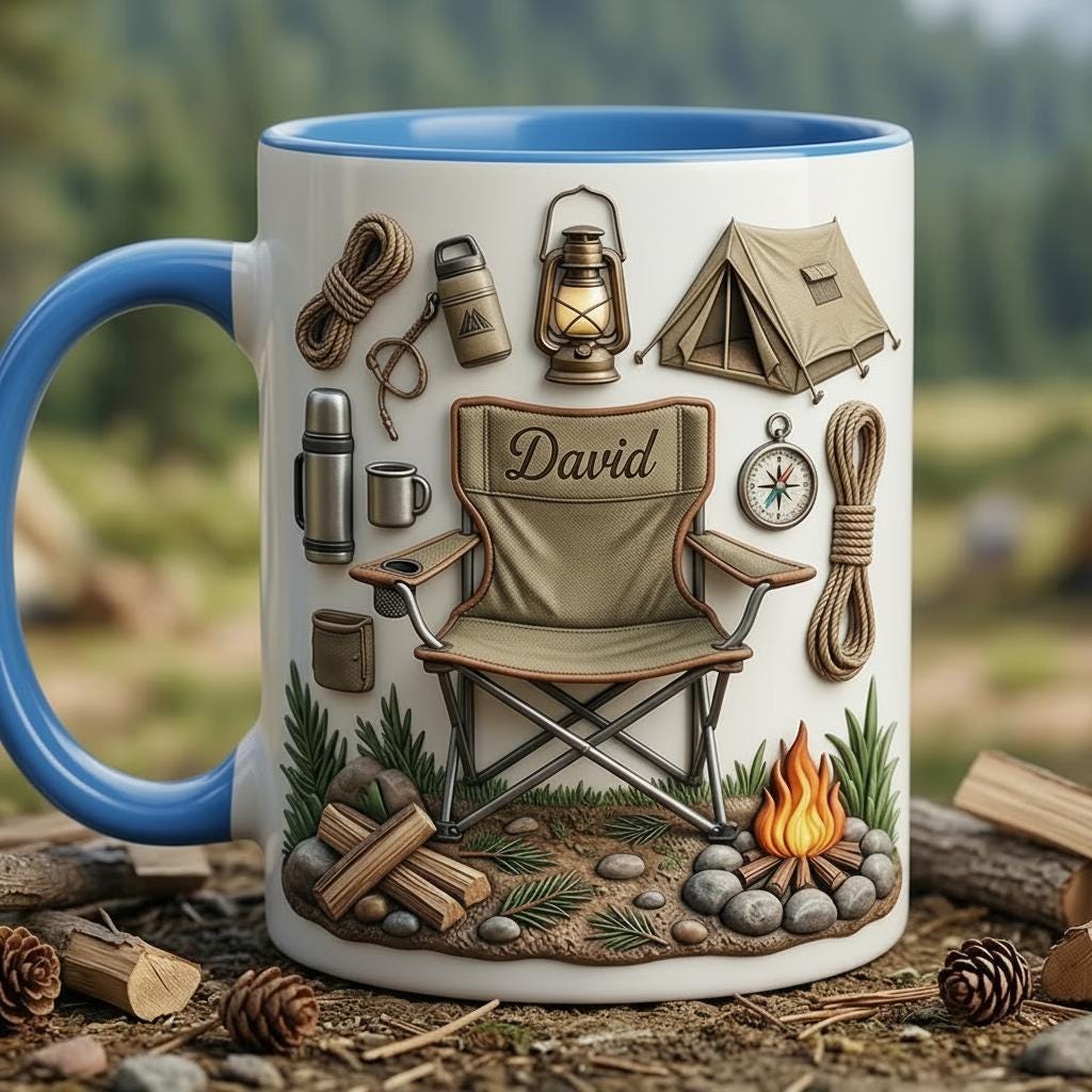 Personalized Camping Accent Mug, Faux 3D Effect Cup, Custom Mountain Camping Mug, 2D Flat Mug - image 3