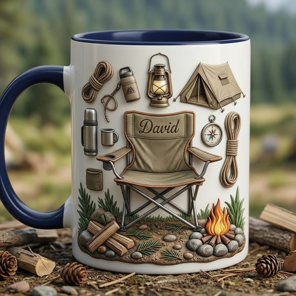 Personalized Camping Accent Mug, Faux 3D Effect Cup, Custom Mountain Camping Mug, 2D Flat Mug - image 4