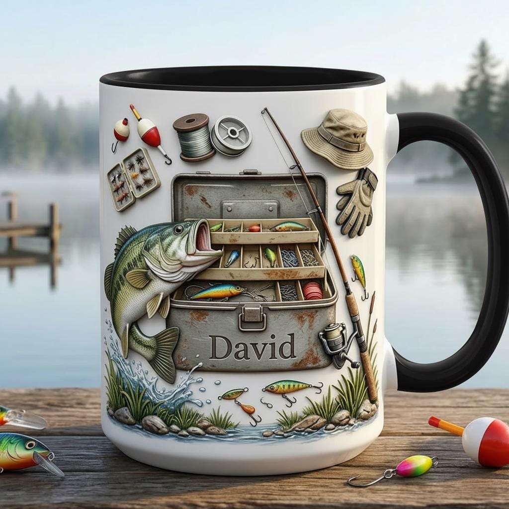 Personalized Fishing Faux 3D Mug, Fishing Lures Coffee Accent Mug, Father's Day Gift, Gift For Fisherman, Fishing Lover Cup,  2D Flat Mug - image 2