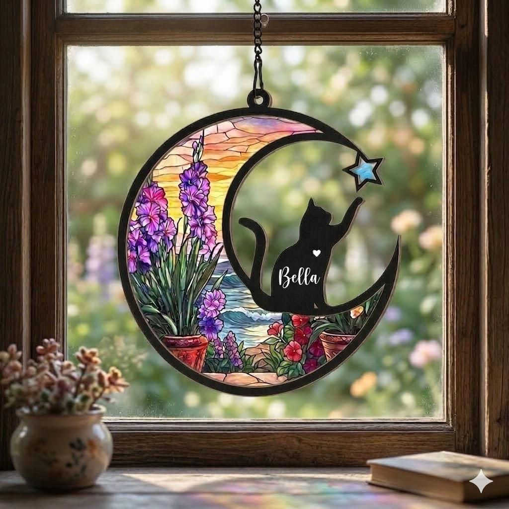 Personalized Cat Memorial With Cat Suncatcher, Custom Loss Of Cat Sympathy Gift, Cat Remembrance Gift , Cat Memorial Gift