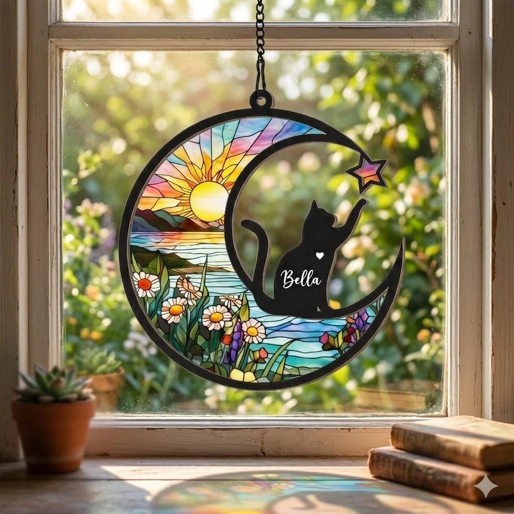 Personalized Cat Memorial With Cat Suncatcher, Custom Loss Of Cat Sympathy Gift, Gift For Cat Lovers, In Loving Memory, Cat Memorial Gift