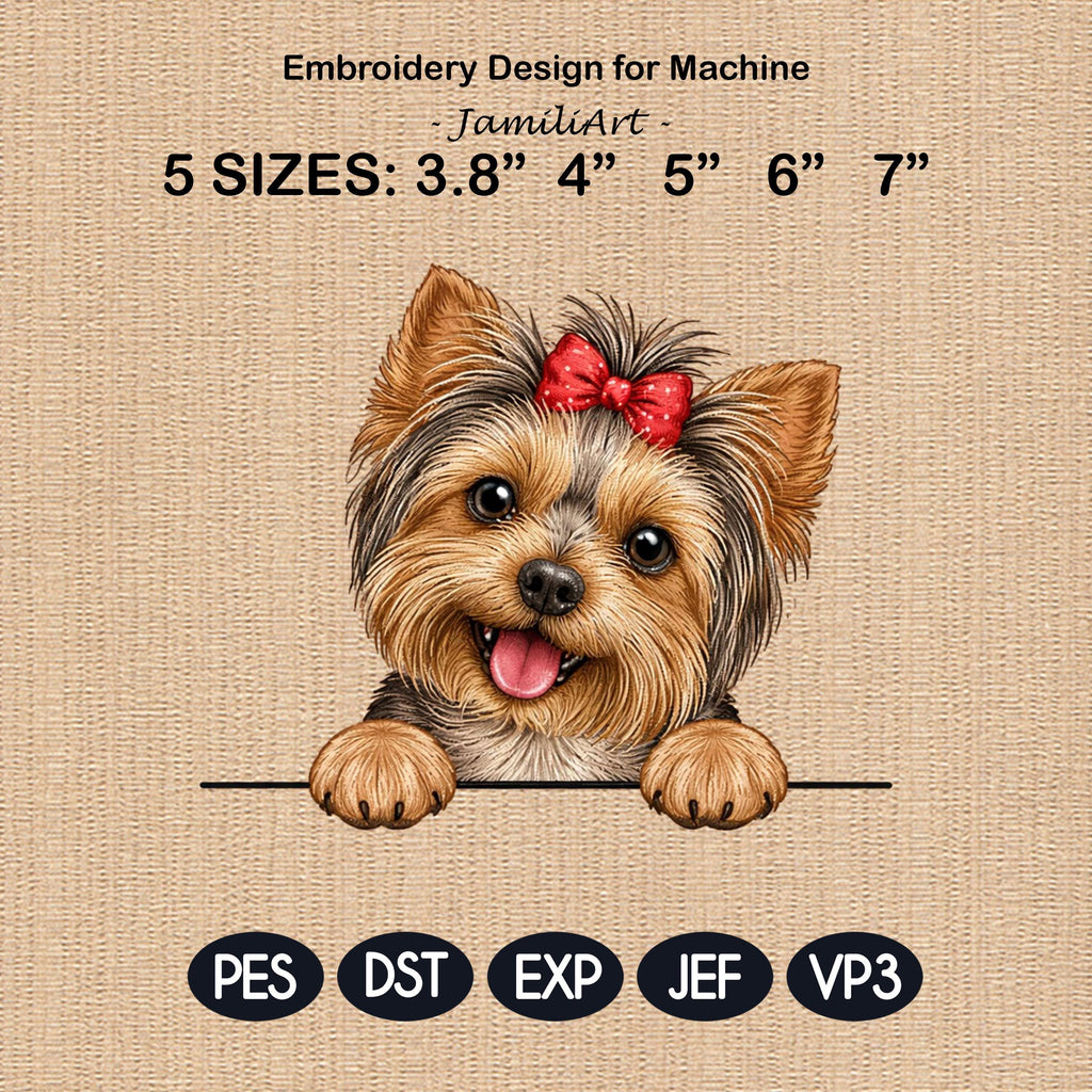 Cute Yorkie Puppy Peek Dog Embroidery Design With Bow, Yorkshire Terrier In The Hoop Pattern, Dog Mom Gift Machine Embroidery File