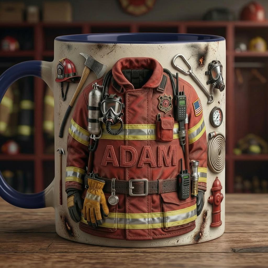 Custom Name Firefighter Faux 3D Accent Mug, Fire Rescue Stuff Cup, Proud Fireman, 2D Flat Mug - image 2