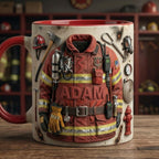 Custom Name Firefighter Faux 3D Accent Mug, Fire Rescue Stuff Cup, Proud Fireman, 2D Flat Mug