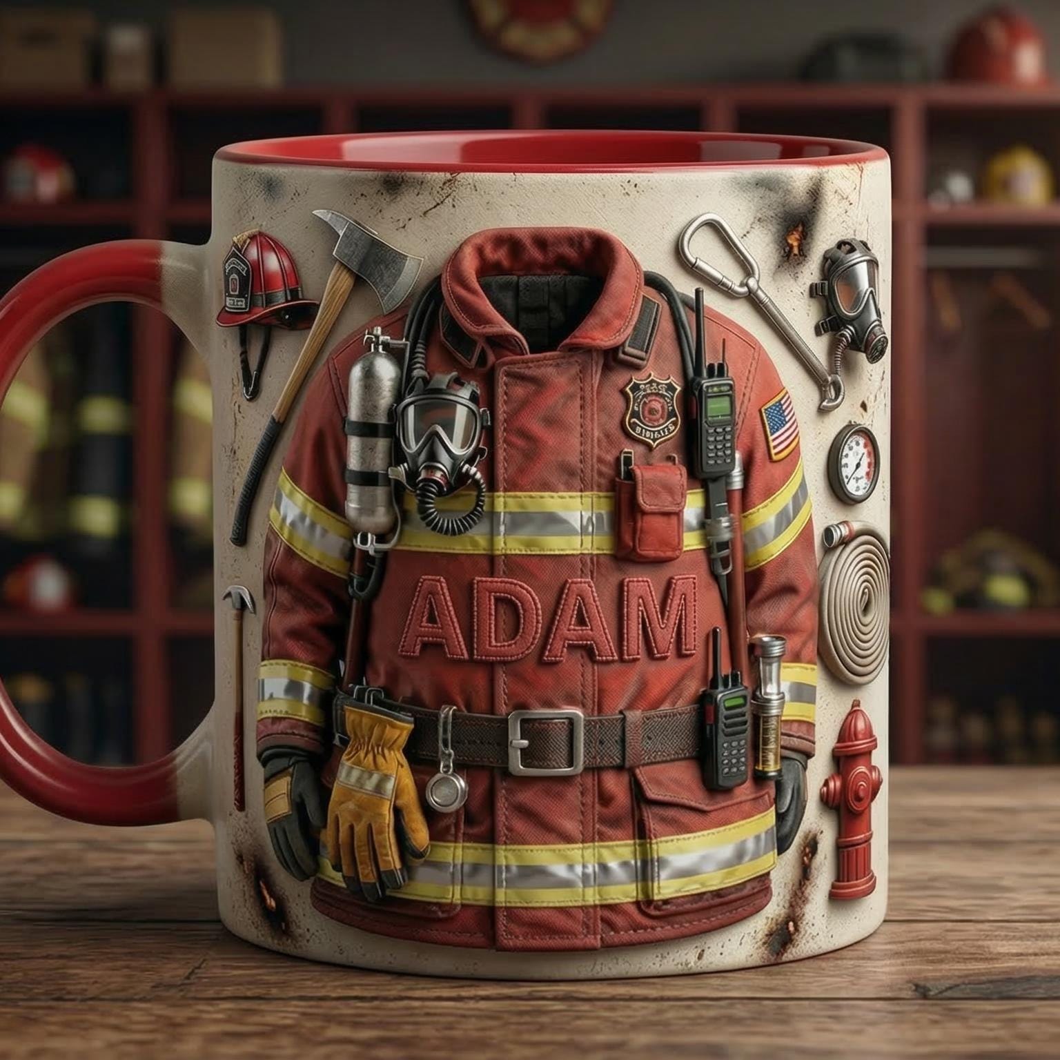 Custom Name Firefighter Faux 3D Accent Mug, Fire Rescue Stuff Cup, Proud Fireman, 2D Flat Mug