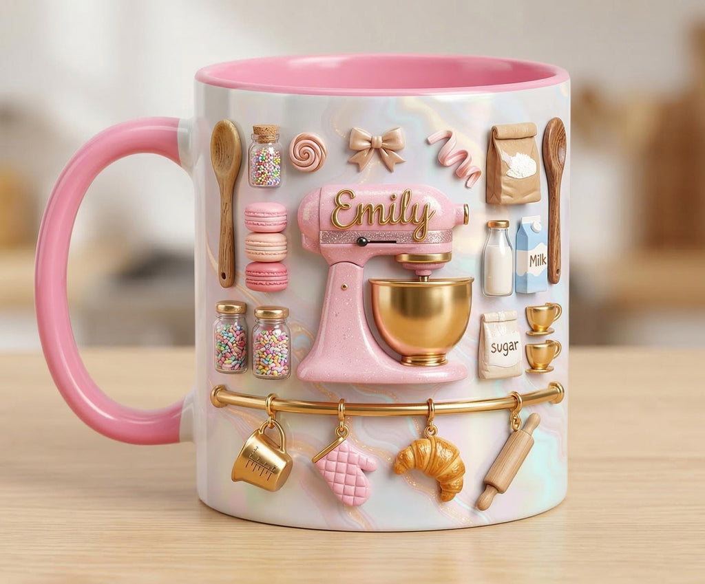 Personalized Baking Lover Mug, 3D Effect Baker Mug with Name, Baking Tools Coffee Cup, Mother's Day Gift
