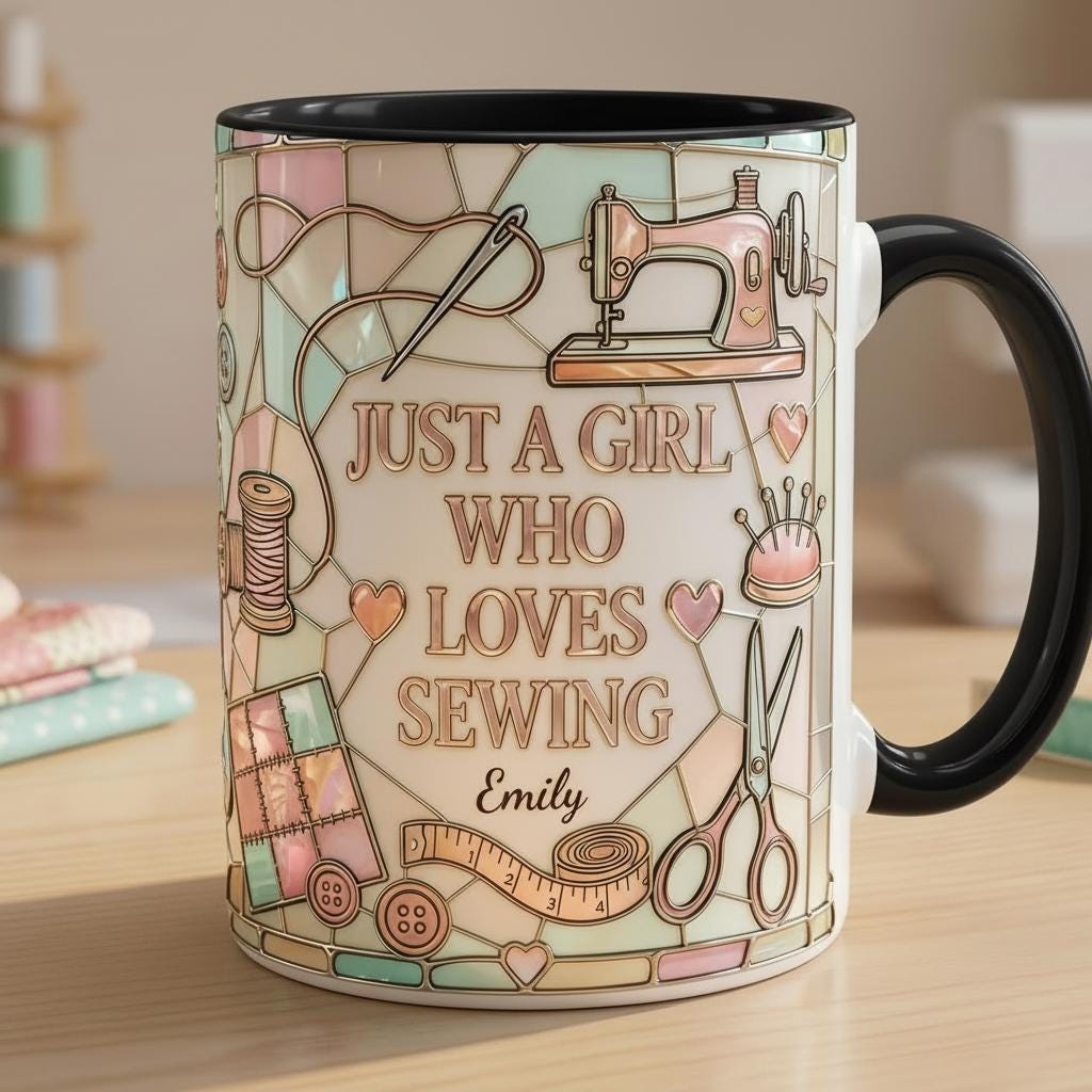 Personalized Sewing Machine Mug, 3D Effect Custom Craft Coffee Mug, Cute Sewing Lover Gift, Handmade Style Mug, 2D Flat Mug - image 3