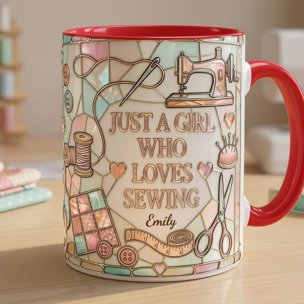 Personalized Sewing Machine Mug, 3D Effect Custom Craft Coffee Mug, Cute Sewing Lover Gift, Handmade Style Mug, 2D Flat Mug - image 2