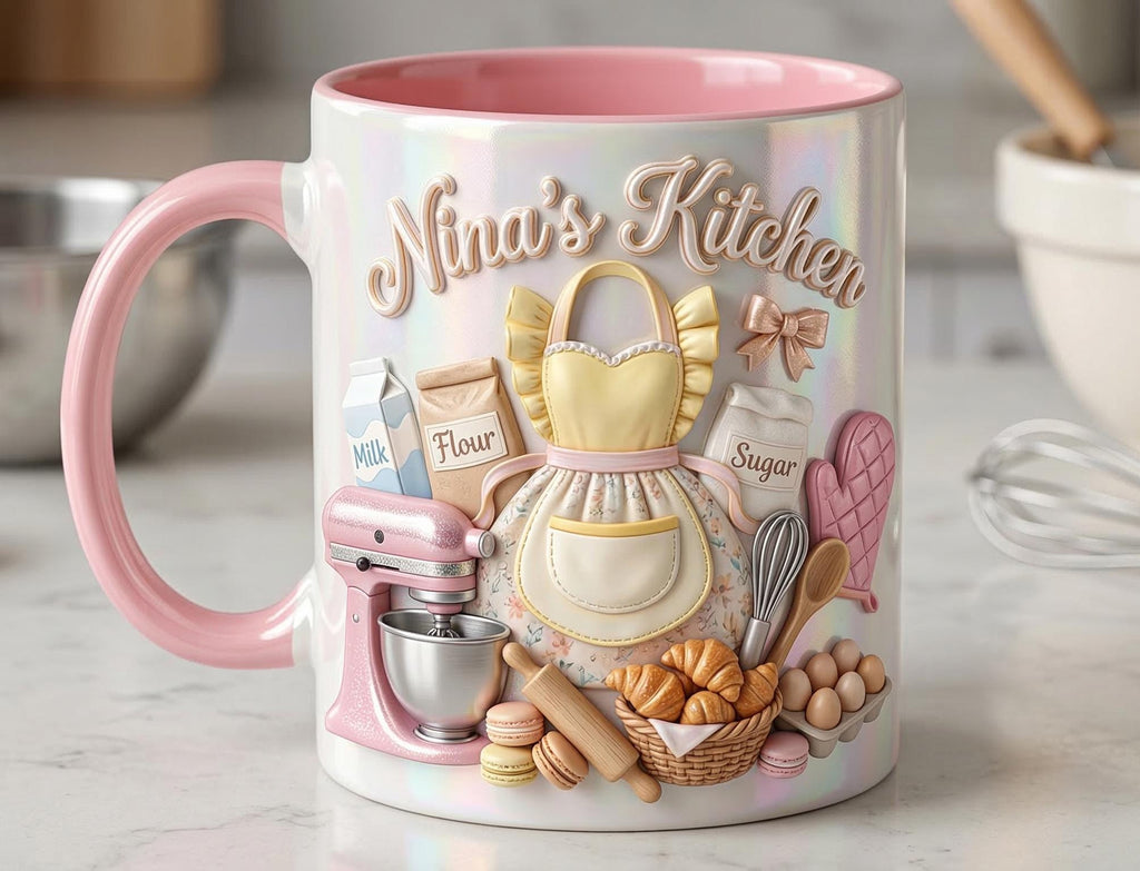 Personalized Baking Lover Mug, 3D Effect Baker Mug With Name, Apron Kitchen Coffee Cup, Mother's Day Gift