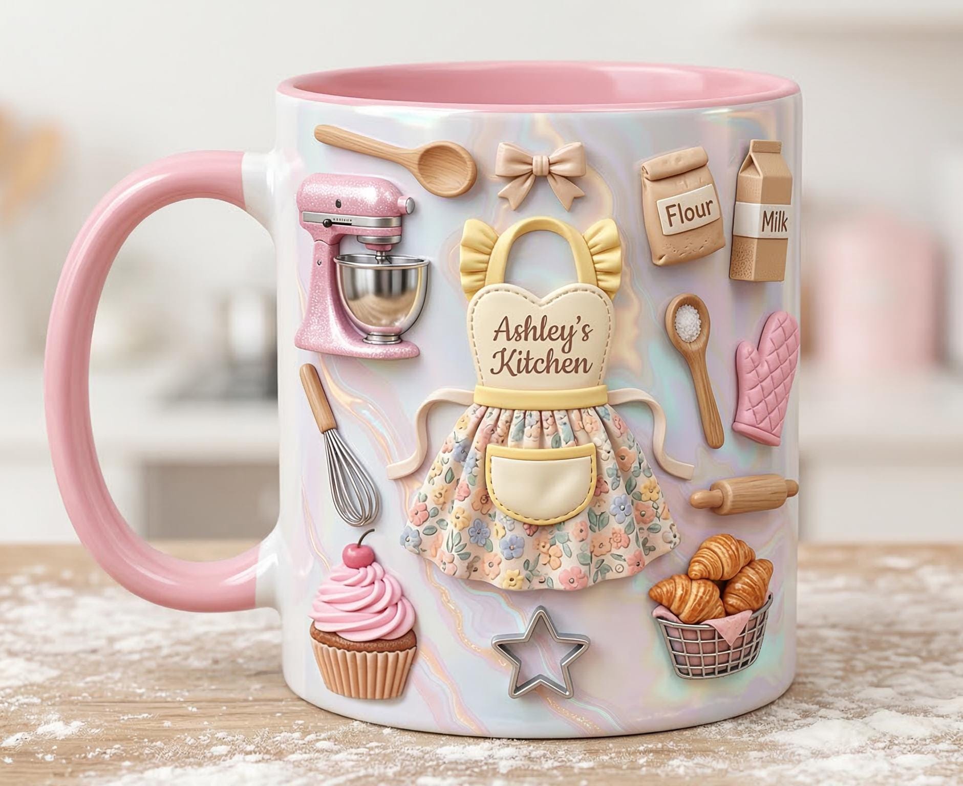 Personalized Baking Lover Mug, 3D Effect Baker Mug With Name, Apron Kitchen Coffee Cup, Mother's Day Gift