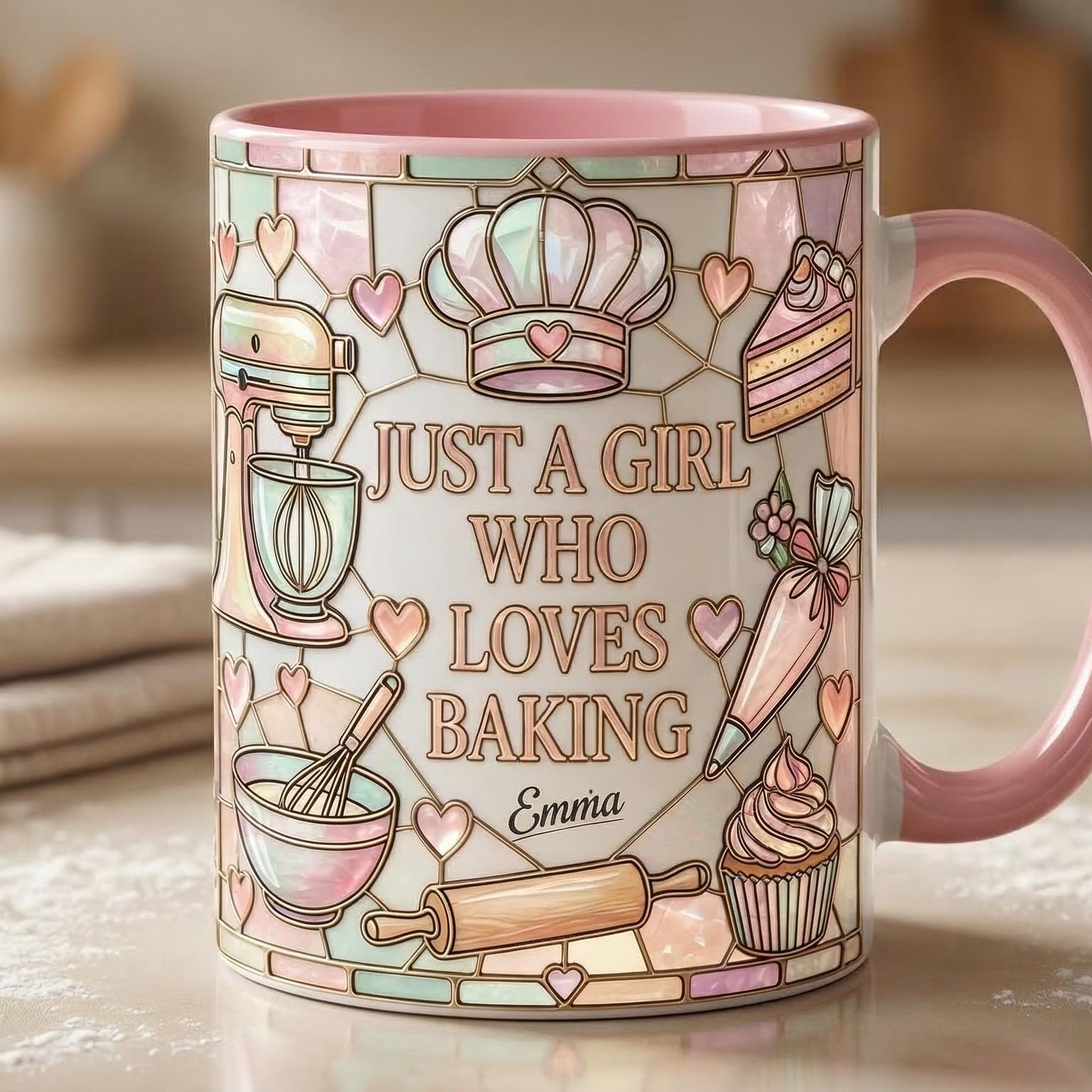 Personalized Baker Mug, Faux 3D Effect Baking Tools Design, Kitchen Gift, Baking Lover Gift, 2D Flat