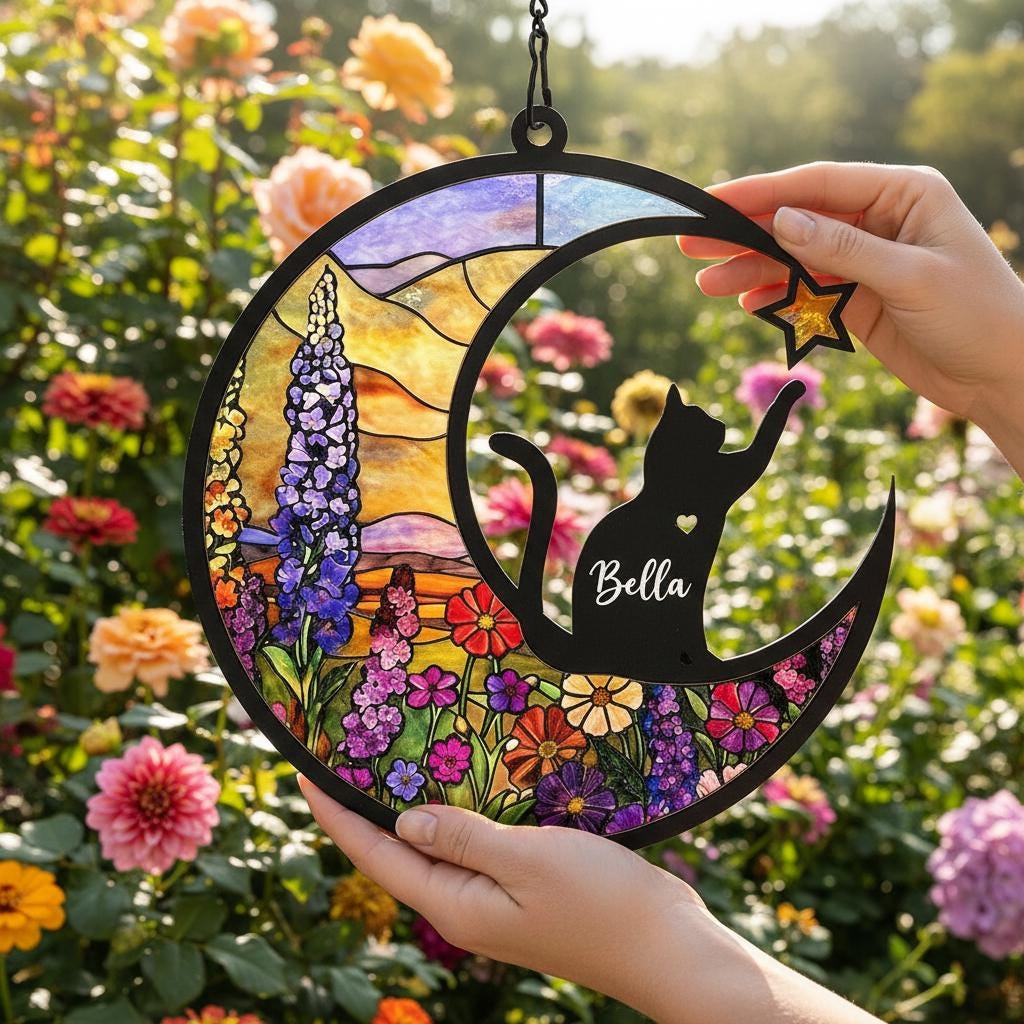 Personalized Cat Memorial With Cat Suncatcher, Custom Loss Of Cat Sympathy Gift, Gift For Cat Lovers, , Pet lover Gift, Window Hanging