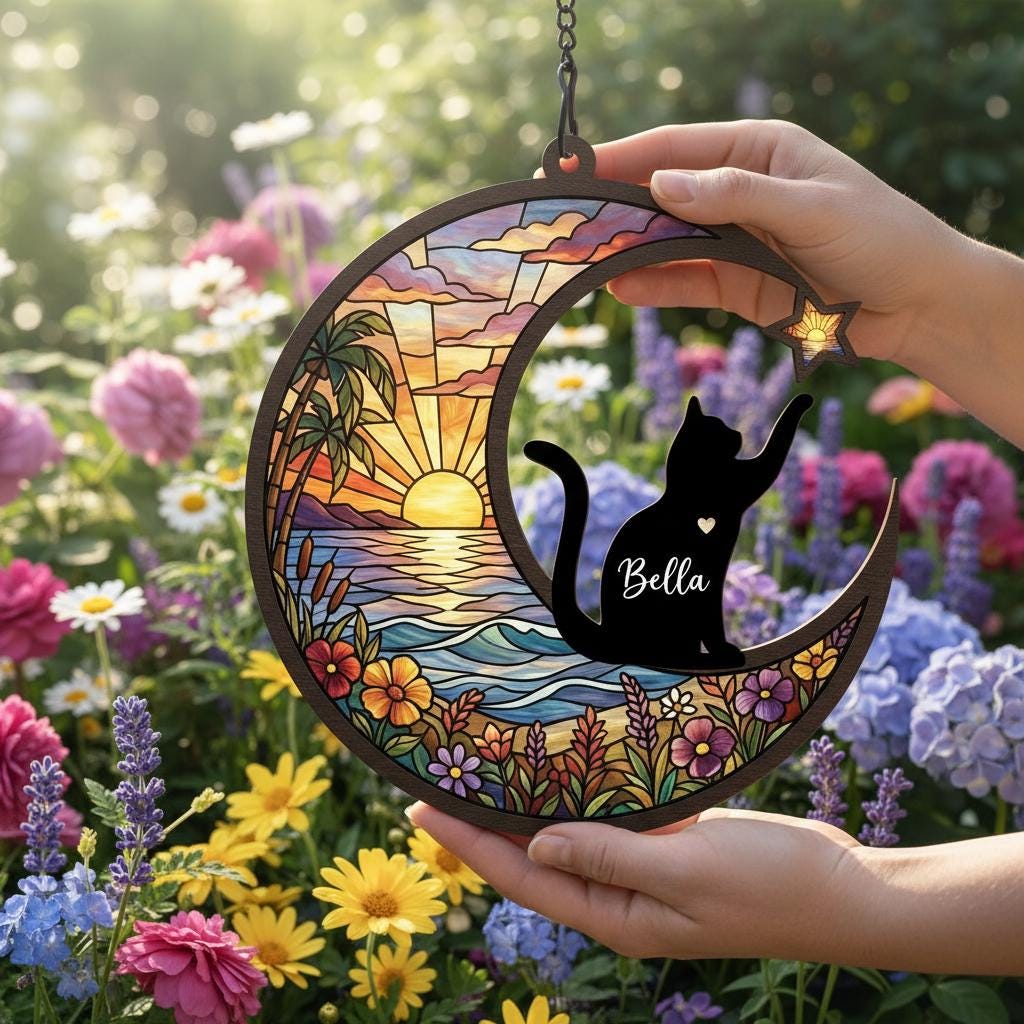 Personalized Cat Memorial With Cat Suncatcher, Custom Loss Of Cat Sympathy Gift, Gift For Cat Lovers, ,In Loving Memory, Pet lover Gift