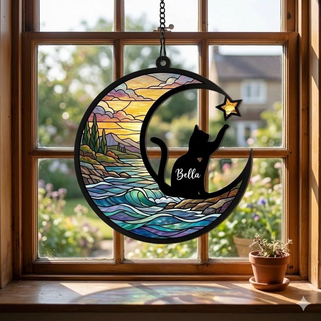 Personalized Cat Memorial With Cat Suncatcher, Custom Loss Of Cat Sympathy Gift, Gift For Cat Lovers, ,In Loving Memory, Cat lover Gift