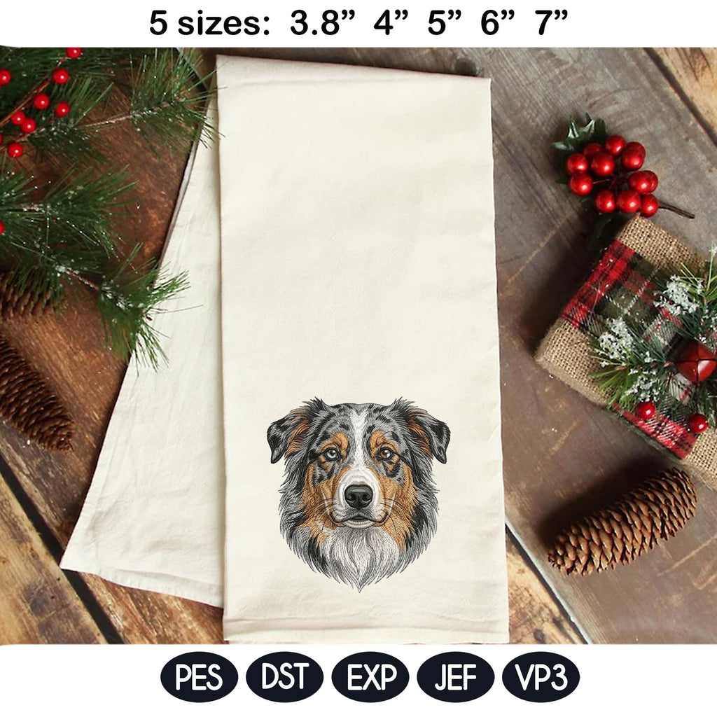 Australian Shepherd Embroidery Design, Blue Merle Aussie Dog Portrait, Realistic Puppy Machine Embroidery File, 5 sizes, Digital Download - image 4