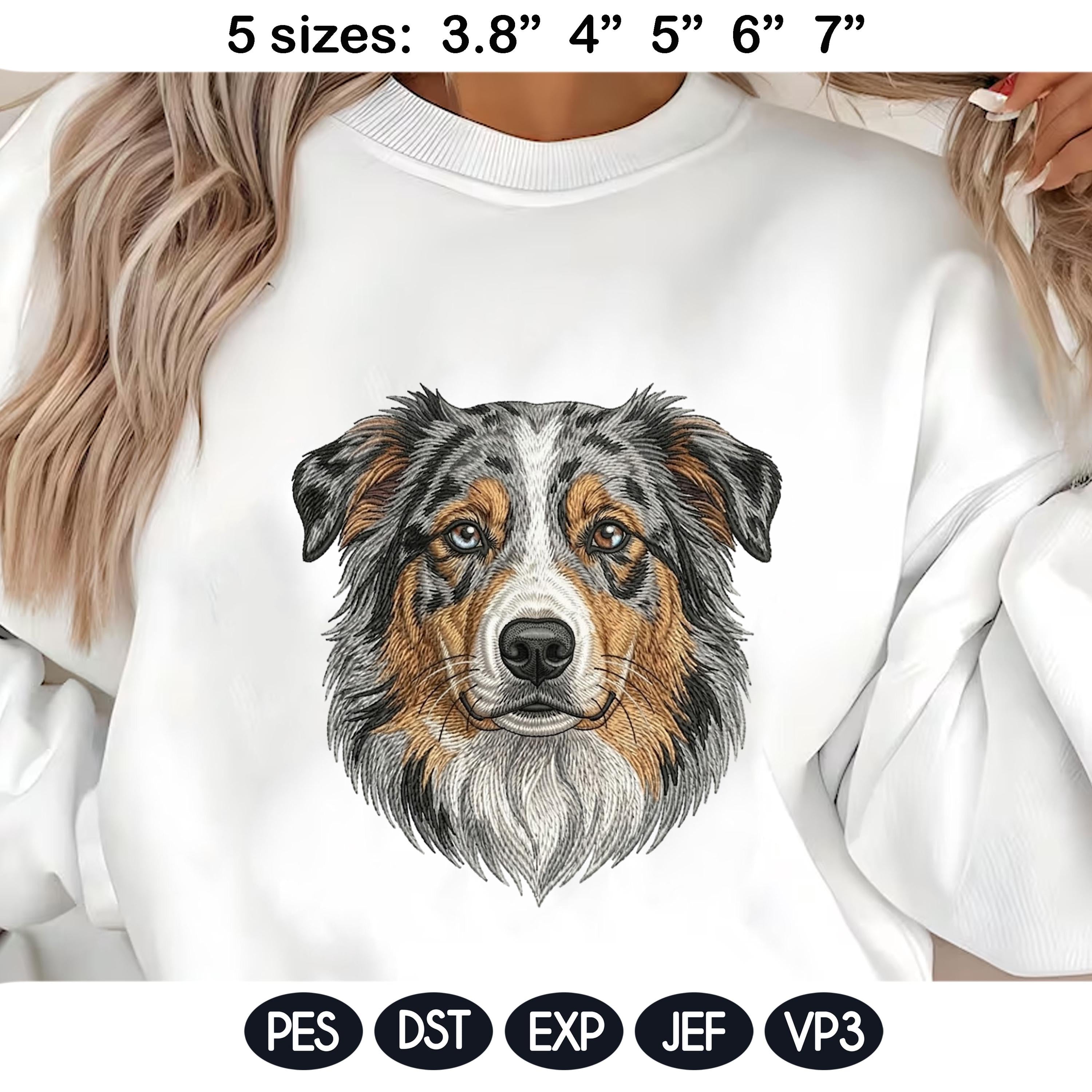 Australian Shepherd Embroidery Design, Blue Merle Aussie Dog Portrait, Realistic Puppy Machine Embroidery File, 5 sizes, Digital Download - image 3