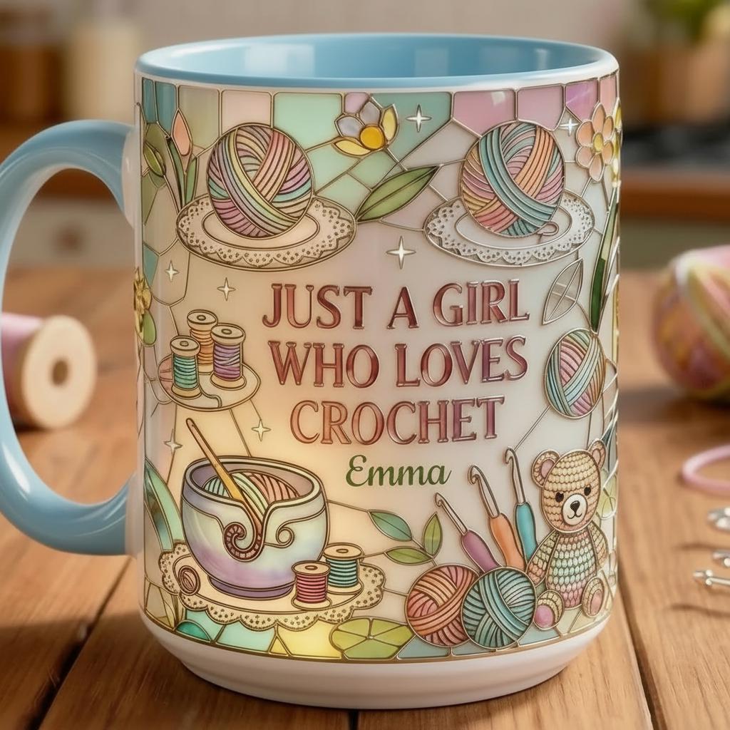 Personalized Just A Girl Who Loves Crochet Mug, Faux 3D Knitting Lover Gift Mug, Handmade With Love Coffee Cup, 2D Flat Mug - image 5