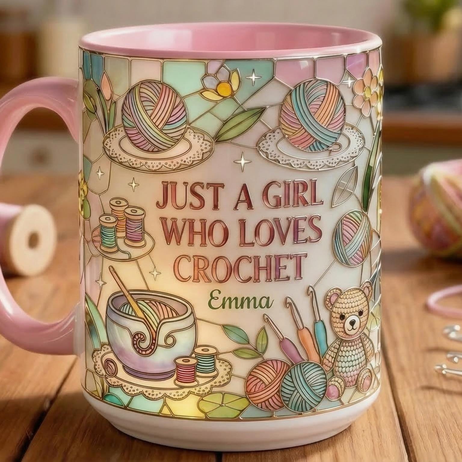 Personalized Just A Girl Who Loves Crochet Mug, Faux 3D Knitting Lover Gift Mug, Handmade With Love Coffee Cup, 2D Flat Mug