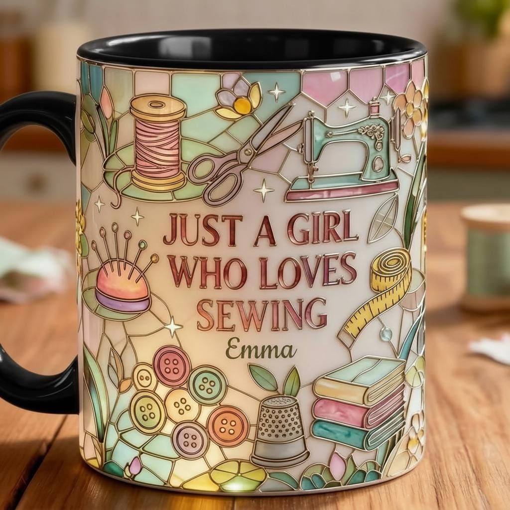 Personalized Just A Girl Who Loves Sewing Mug, 3D Effect Custom Craft Coffee Mug, Cute Sewing Lover Gift, 2D Flat - image 4